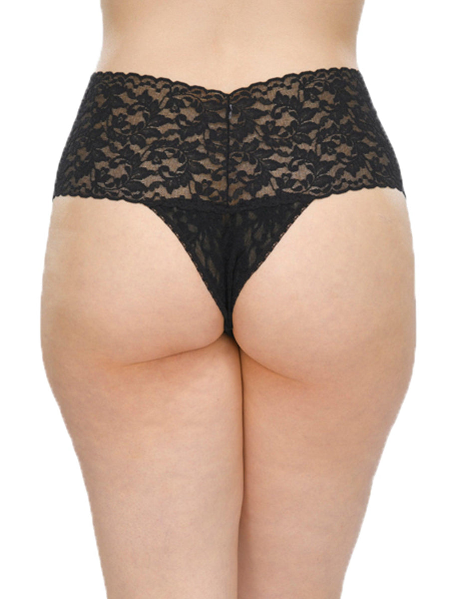Black Plus Size Retro Lace Thong, Back View - High Rise Scalloped Lace Waistband on Plus Size Model | Hanky Panky