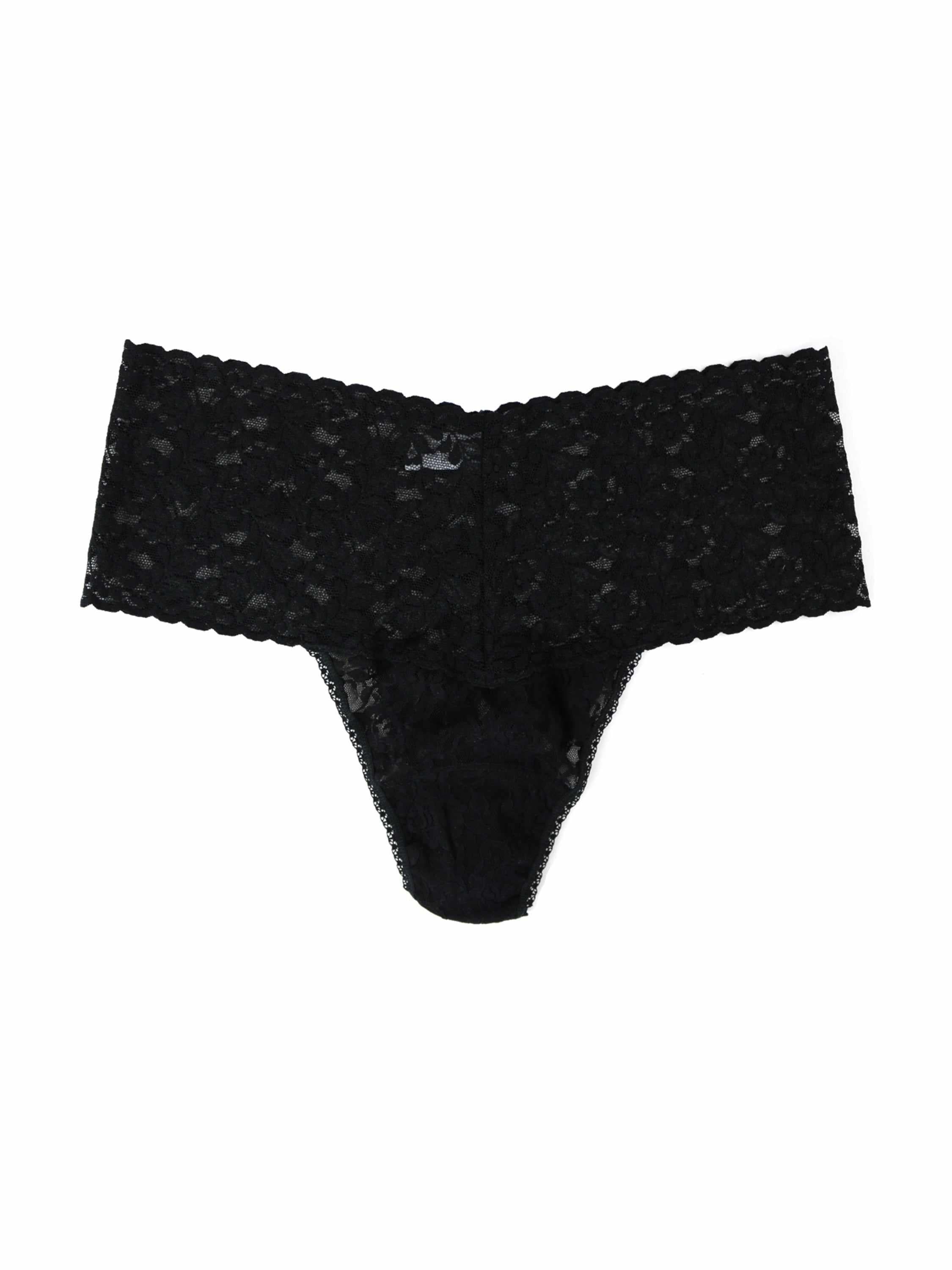 Black Plus Size Retro Lace Thong Flat Lay - Wide Scalloped Waistband & Floral Lace Detail | Hanky Panky
