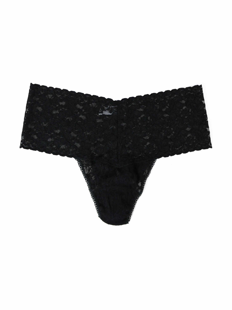 Black Plus Size Retro Lace Thong Flat Lay - Wide Scalloped Waistband & Floral Lace Detail | Hanky Panky