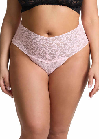 Bliss Pink Plus Size Retro Lace Thong - Front View, Wide Waistband | Hanky Panky