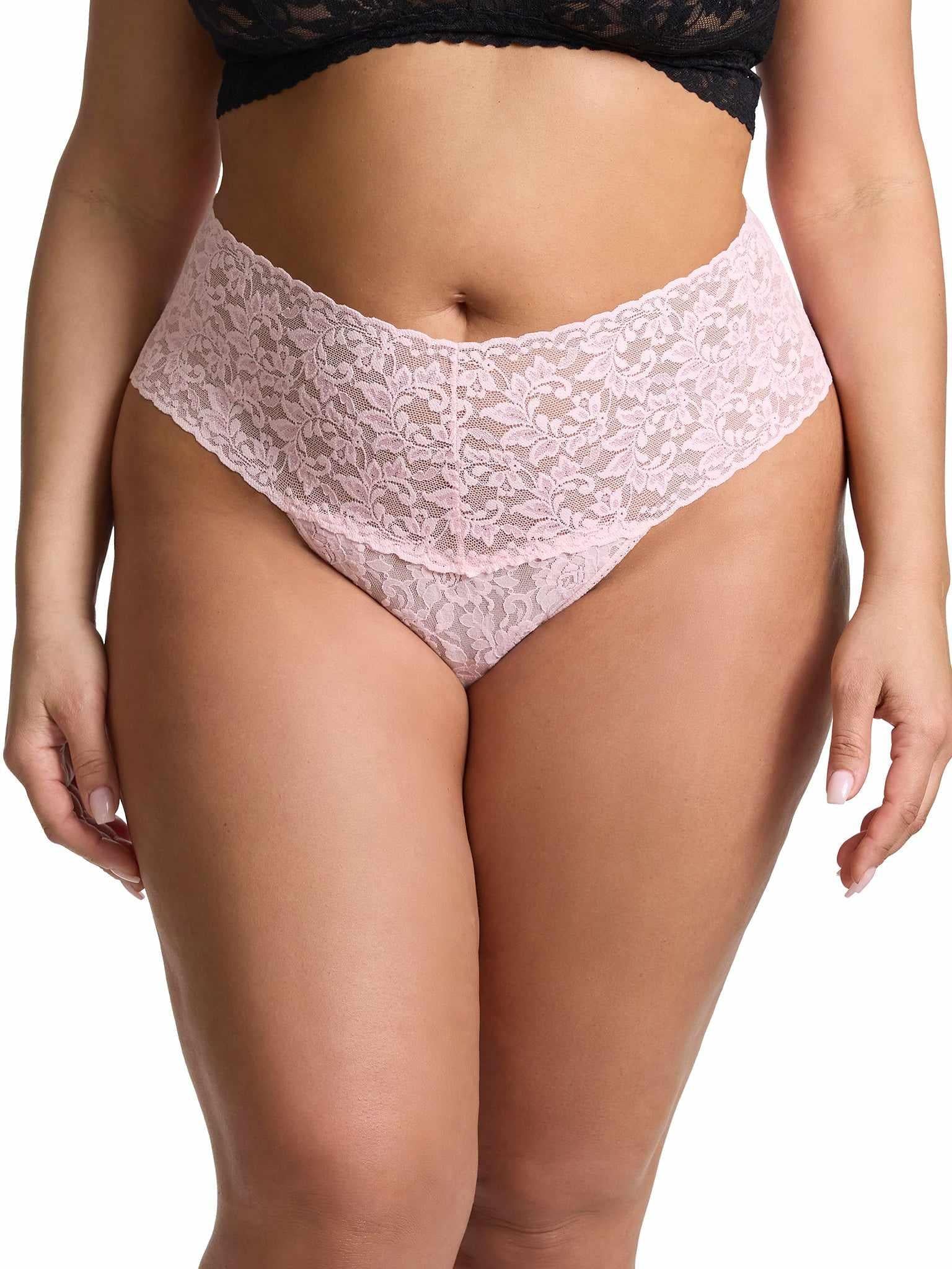 Bliss Pink Plus Size Retro Lace Thong - Front View, Wide Waistband | Hanky Panky