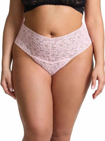 Bliss Pink Plus Size Retro Lace Thong - Front View, Wide Waistband | Hanky Panky