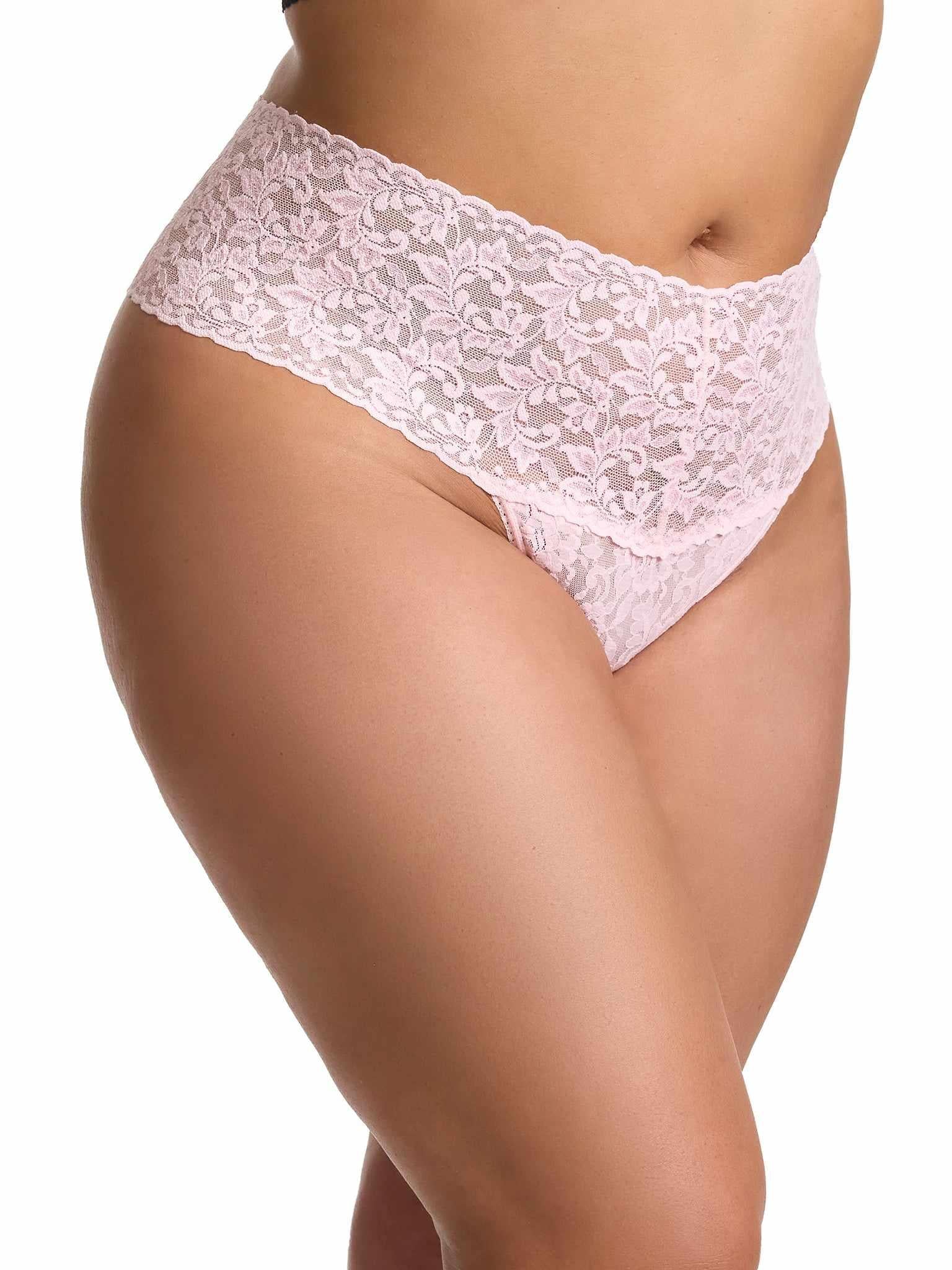 Bliss Pink Plus Size Retro Lace Thong - Side Profile, Floral Lace Detail | Hanky Panky