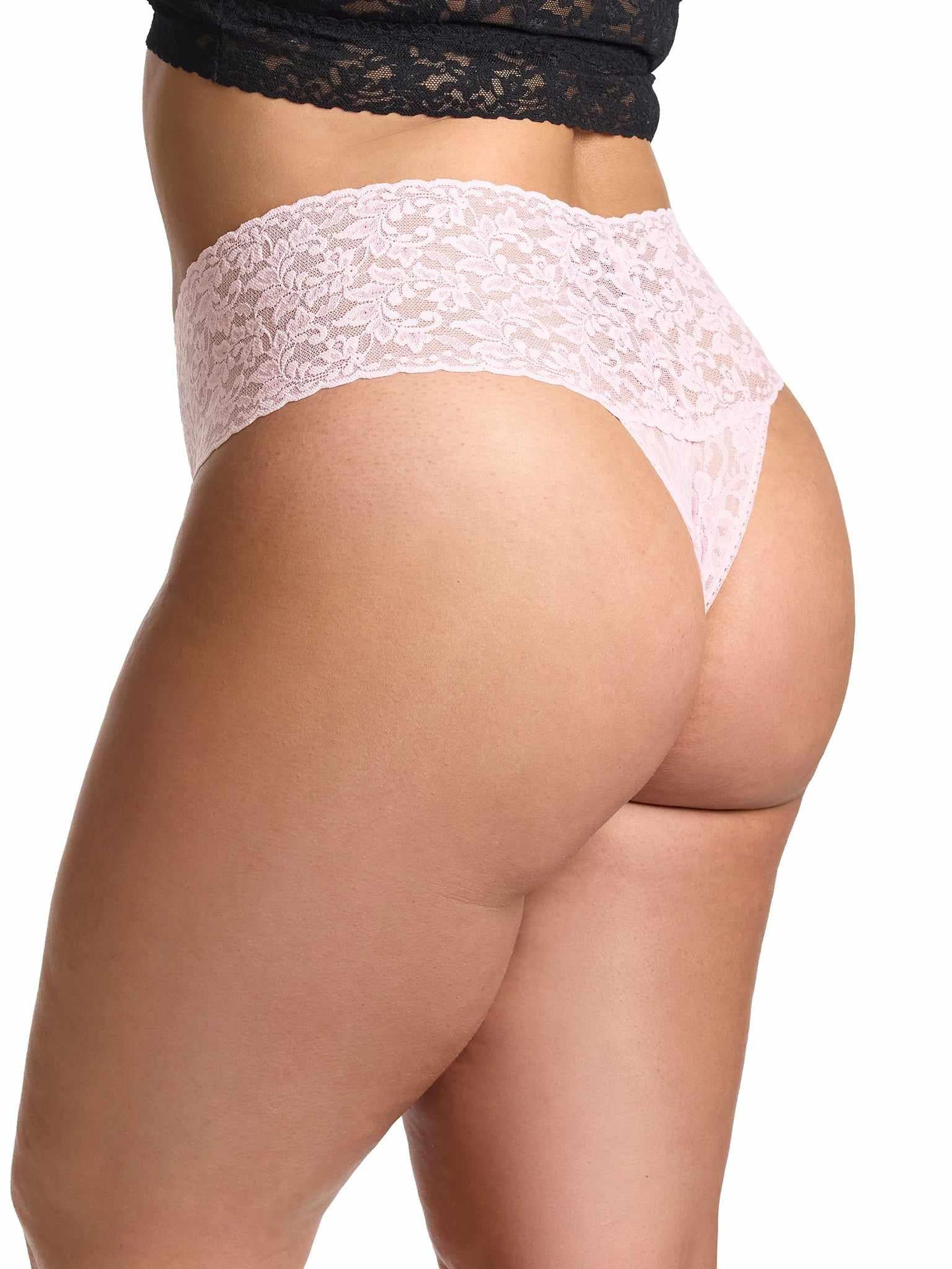 Bliss Pink Plus Size Retro Lace Thong - Rear Angle, Wide Lace Waistband | Hanky Panky