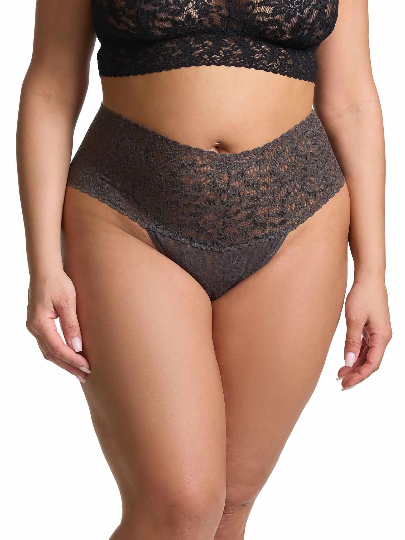 Granite Grey Plus Size Retro Lace Thong - Front On Model, Wide High Rise Waistband | Hanky Panky