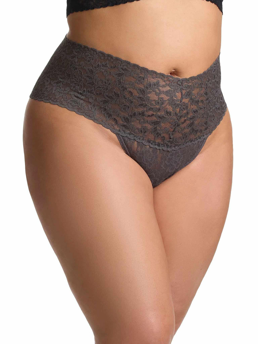 Granite Grey Plus Size Retro Lace Thong - Side On Model, High Waisted Plus Size Lace Thong Fit | Hanky Panky