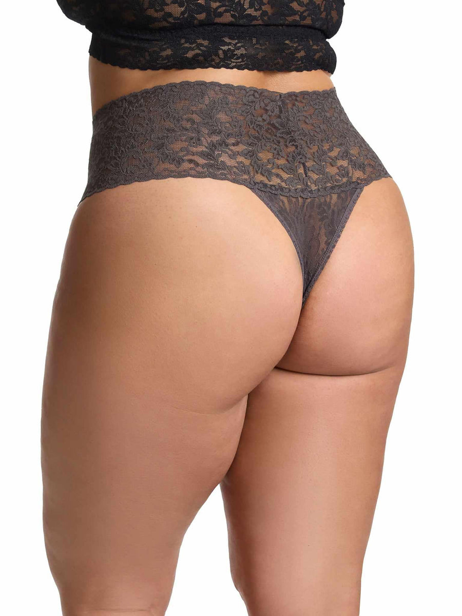 Granite Grey Plus Size Retro Lace Thong - Back On Model, Floral Lace High Rise Waistband Detail | Hanky Panky