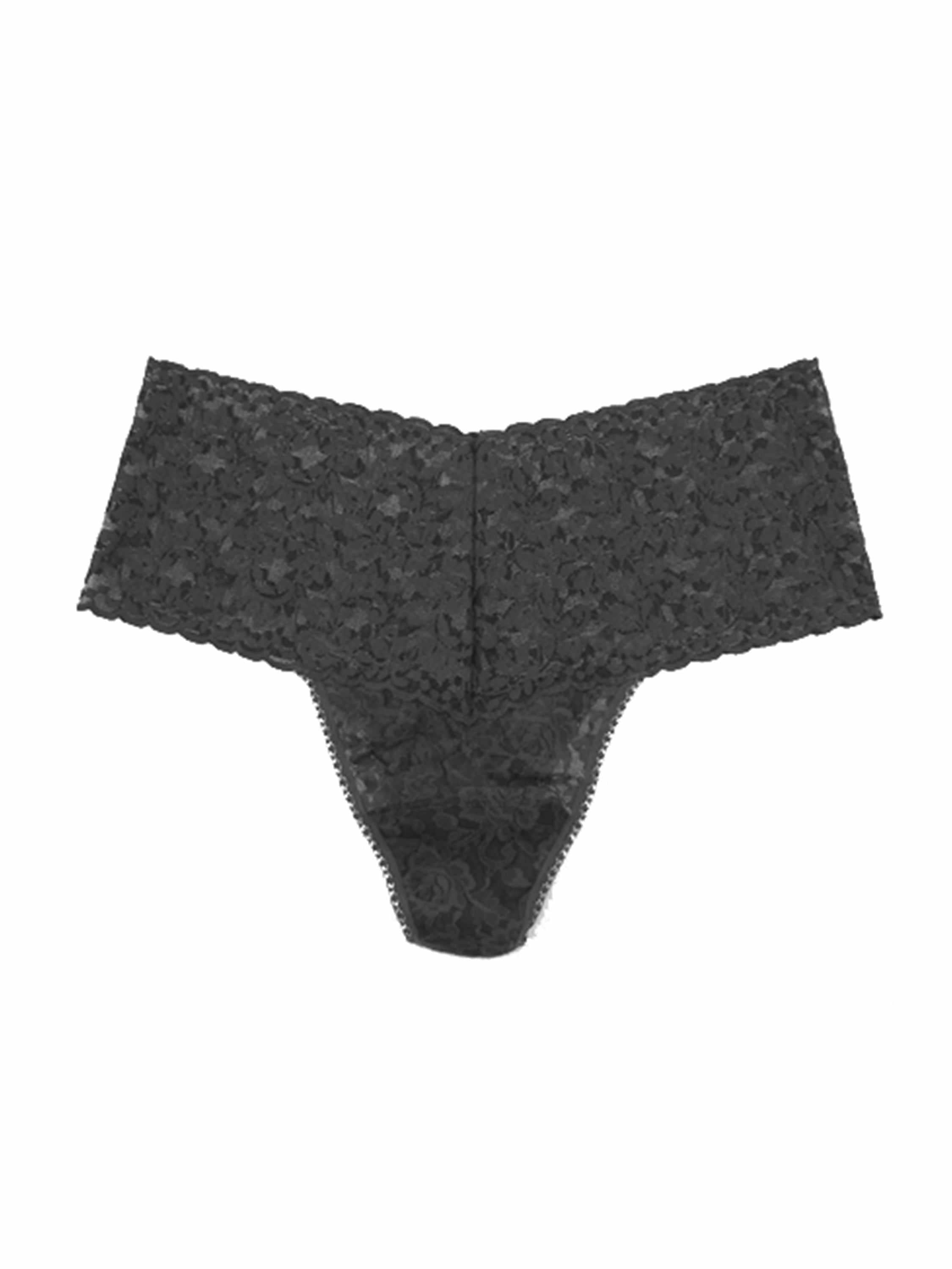 Granite Grey Plus Size Retro Lace Thong - Flat Lay, Wide Scalloped Lace Waistband | Hanky Panky