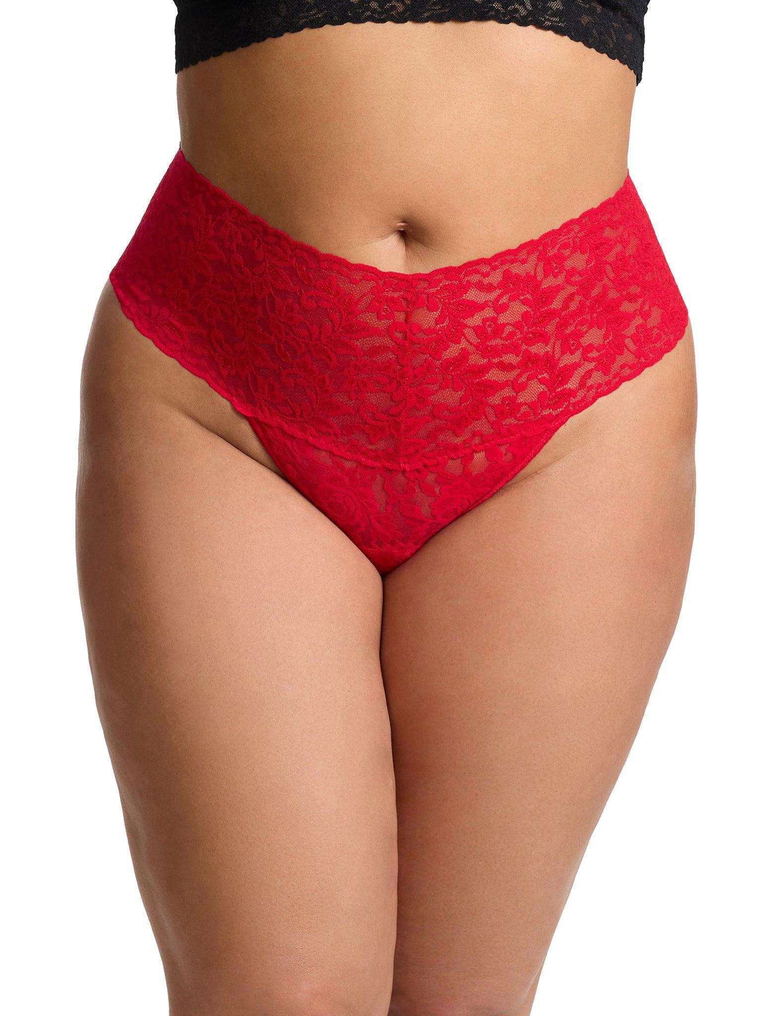 Red Plus Size Retro Lace Thong - Front View, High Rise Wide Waistband On Model | Hanky Panky