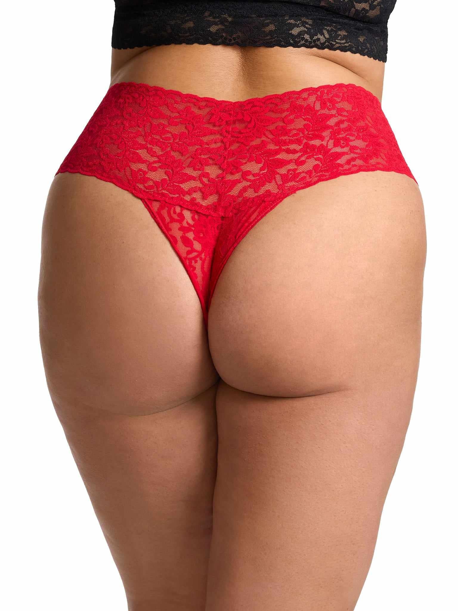 Red Plus Size Retro Lace Thong - Back View, Floral Lace Thong Back On Model | Hanky Panky