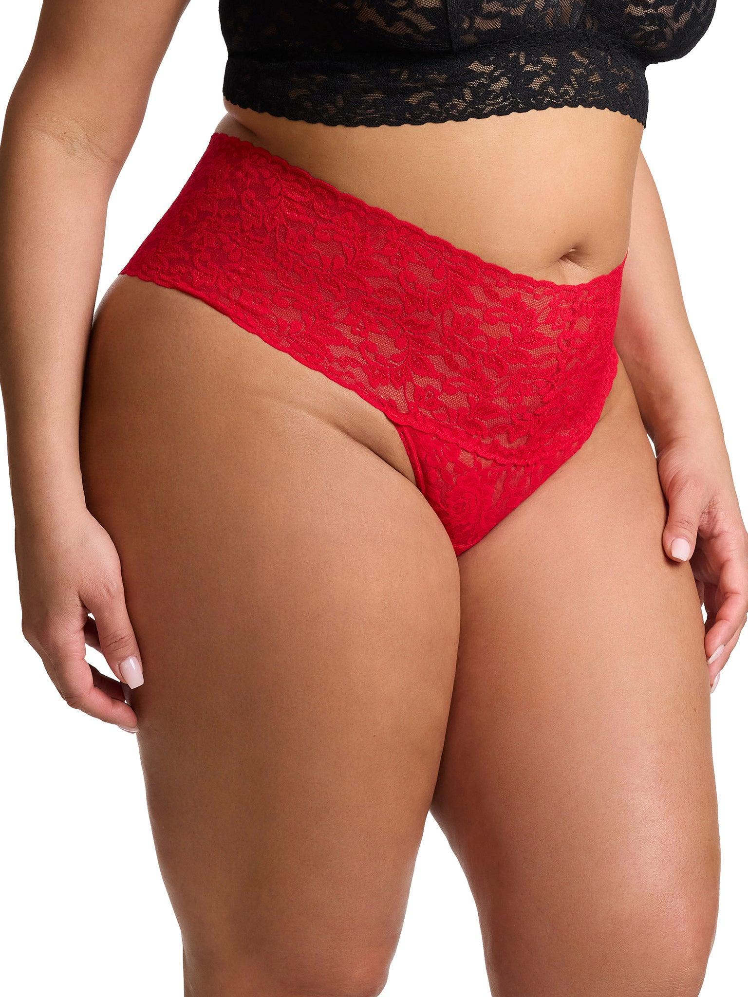 Red Plus Size Retro Lace Thong - Front Side Angle, High Rise Lace Thong On Model | Hanky Panky