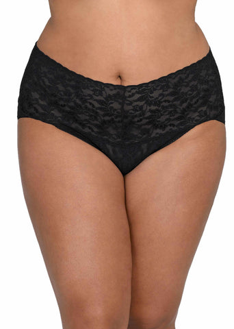 Black Plus Size Retro Lace V-kini - Front View On Model, Wide Lace Waistband | Hanky Panky