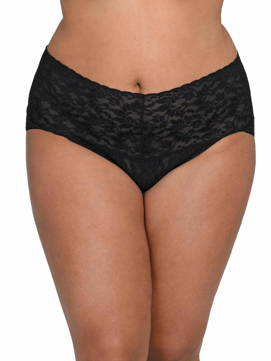 Black Plus Size Retro Lace V-kini - Front View On Model, Wide Lace Waistband | Hanky Panky