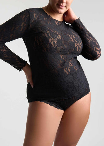 Plus Size Signature Lace® Long Sleeve Top Black - On Model Front View with Matching Lace Boyshorts | Hanky Panky