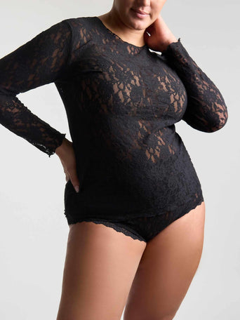 Plus Size Signature Lace® Long Sleeve Top Black - On Model Front View with Matching Lace Boyshorts | Hanky Panky