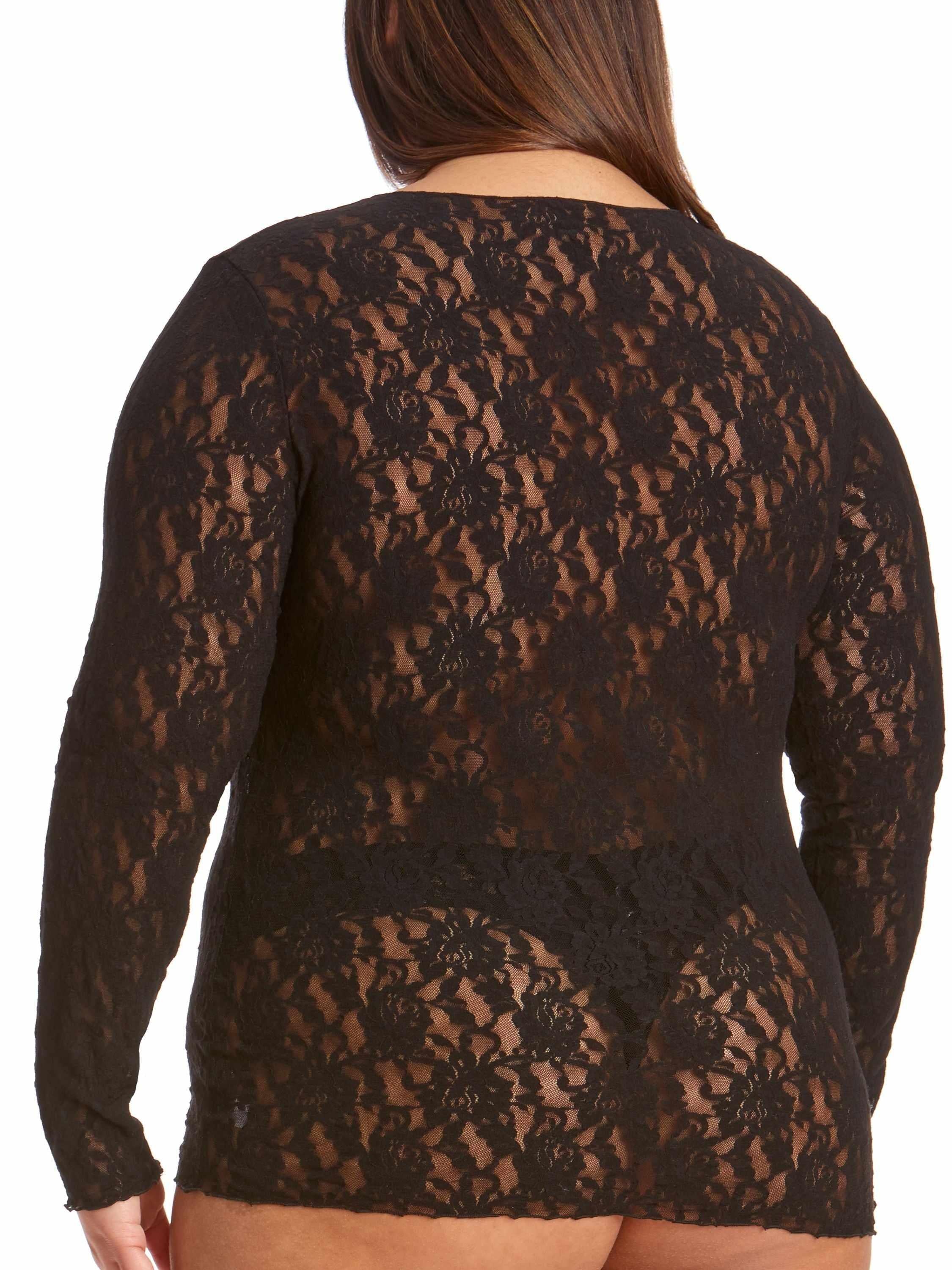 Plus Size Signature Lace® Long Sleeve Top Black - Back View Showing Sheer Floral Lace Detail | Hanky Panky