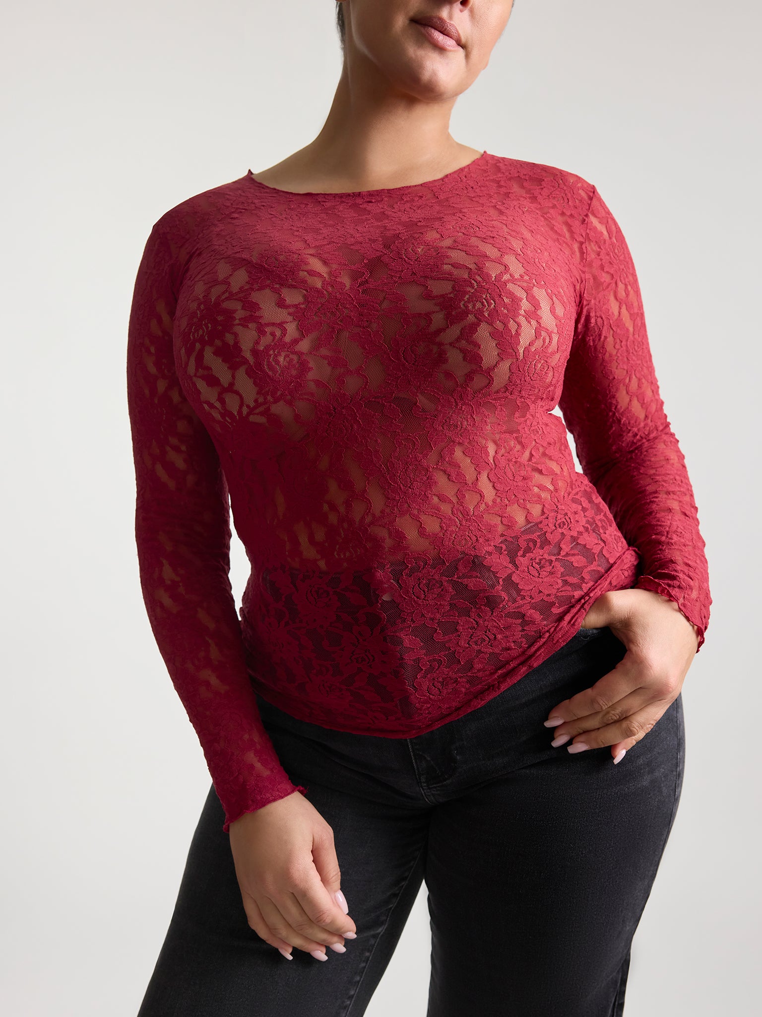 Plus Size Signature Lace® Long Sleeve Top Wild Berries Red - Front Close-Up on Plus Model with Black Jeans | Hanky Panky