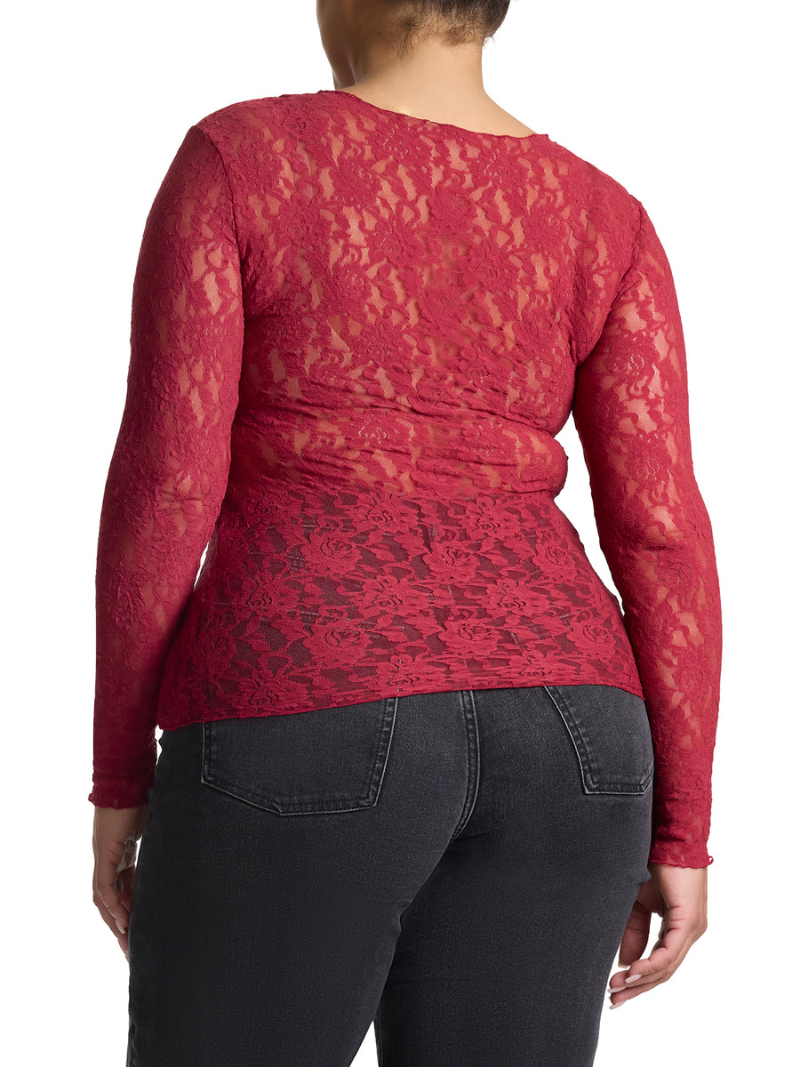 Plus Size Signature Lace® Long Sleeve Top Wild Berries Red - Back View on Plus Model with Black Jeans | Hanky Panky