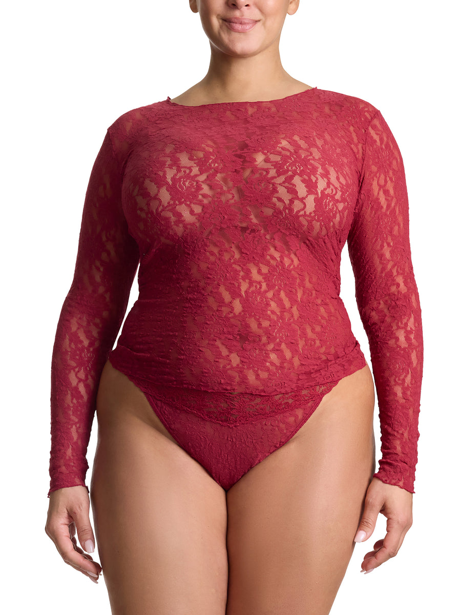 Plus Size Signature Lace® Long Sleeve Top Wild Berries Red - Front View Innerwear as Outerwear with Matching Thong | Hanky Panky