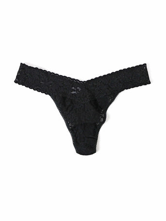 Plus Size Signature Lace® Original Rise Thong Black - Flat Lay Front View, V-Shape Waistband | Hanky Panky