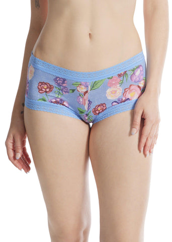 Printed DreamEase™ Boyshort Chatsworth House Gardens - Blue Floral Front View On Model | Hanky Panky