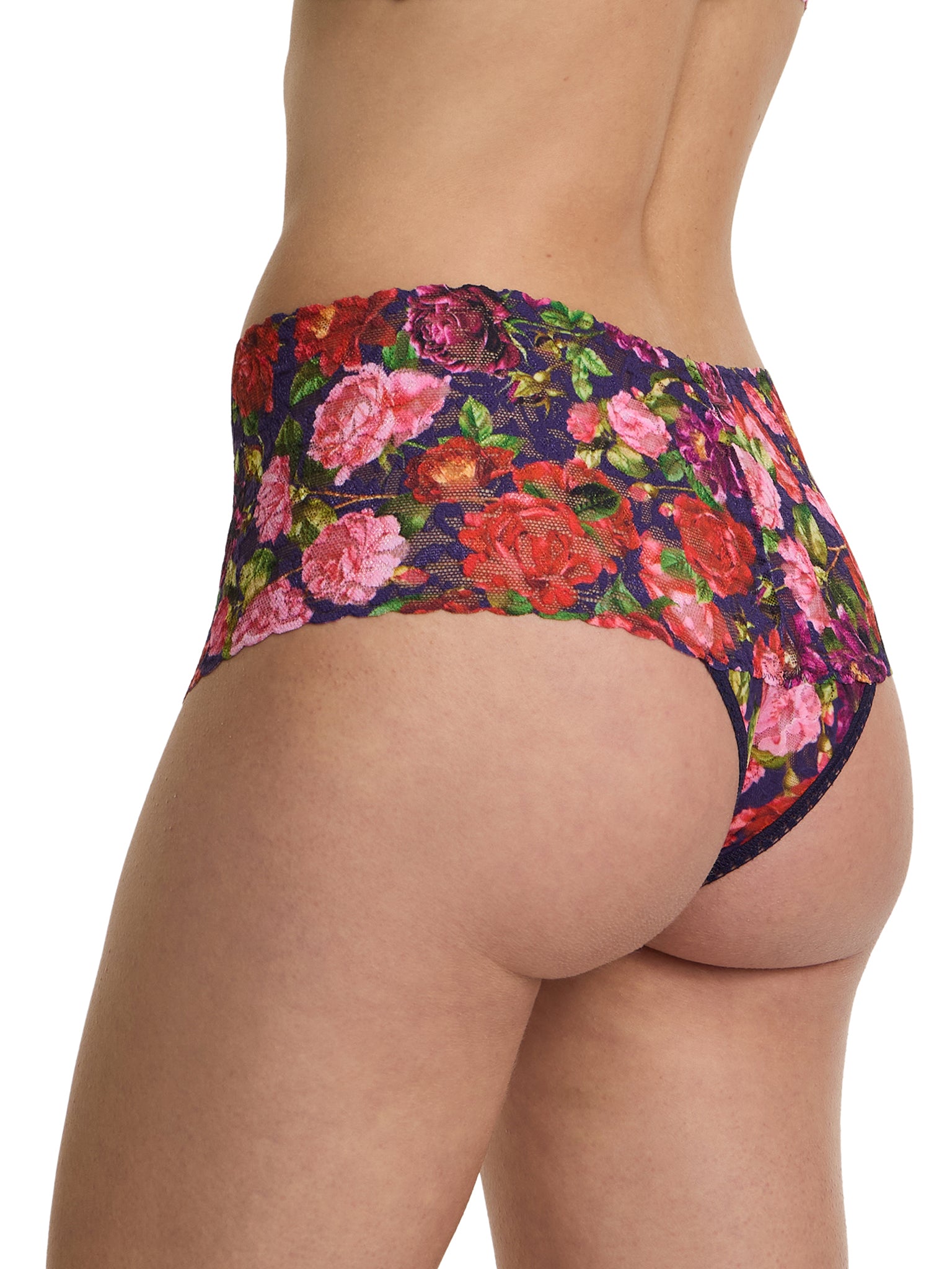 Winters Tale Floral Printed Retro Lace Thong - Back Angle, Wide Scalloped Waistband | Hanky Panky
