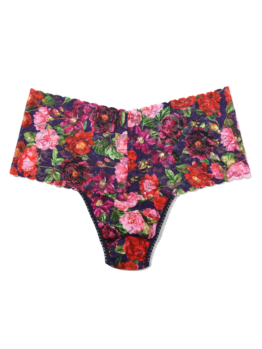 Winters Tale Floral Printed Retro Lace Thong - Flat Lay, Purple Rose Print | Hanky Panky