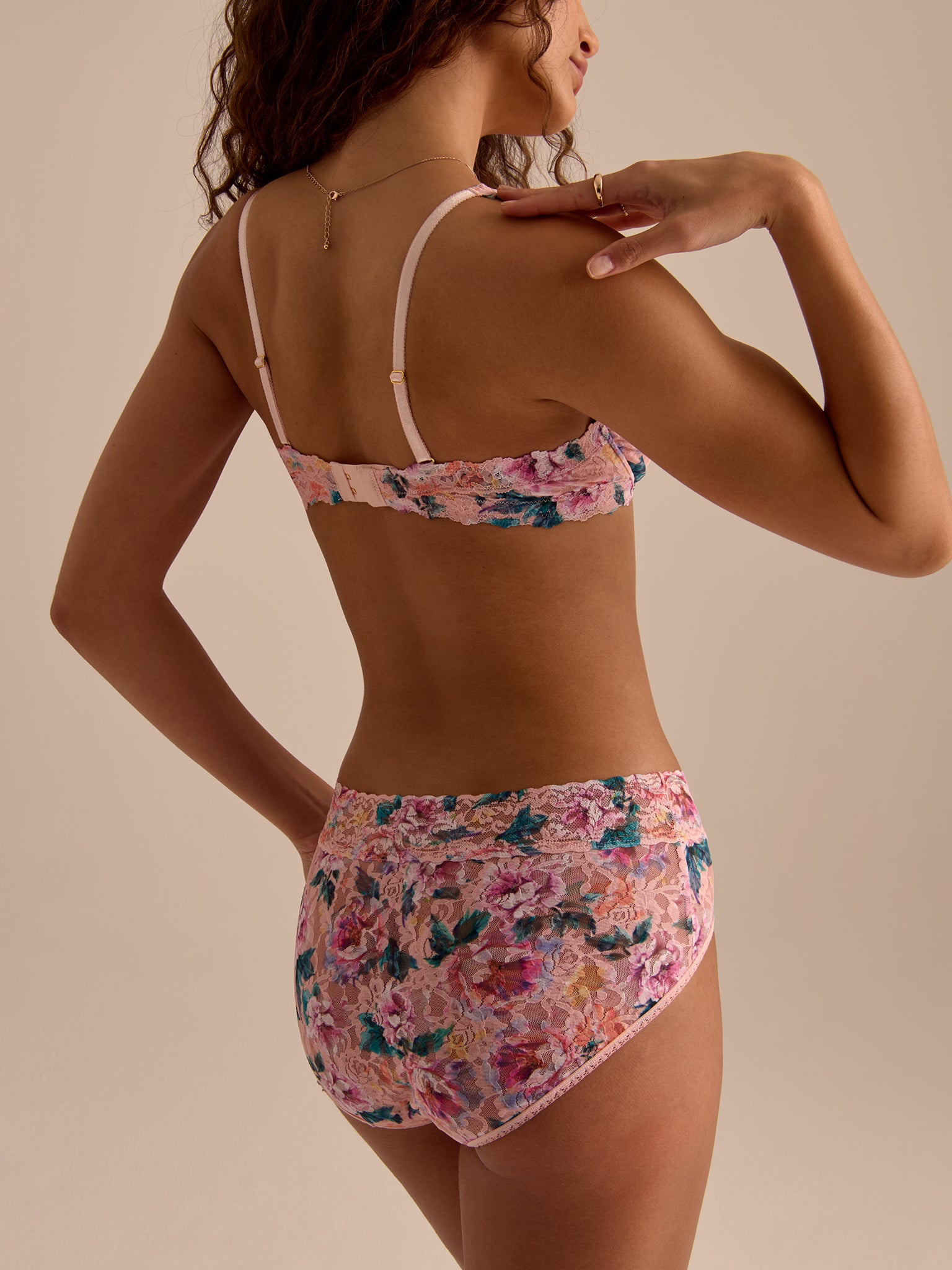 Pink Floral Printed Signature Lace® Balconette Bra - On Model Back View, Adjustable Straps & Matching Panty | Hanky Panky