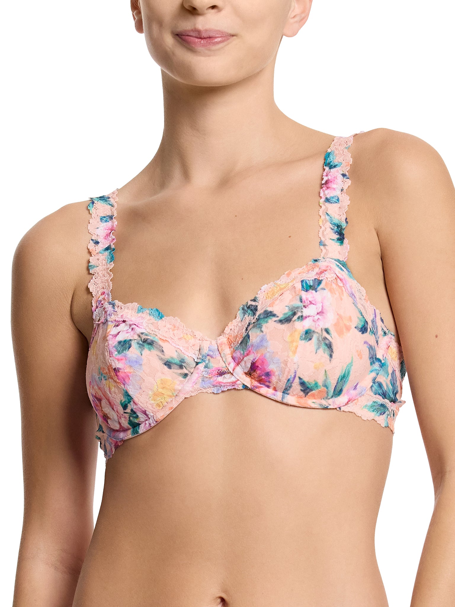 Pink Floral Printed Signature Lace® Balconette Bra - Close-Up Front Detail, Lace Trim & Underwire | Hanky Panky