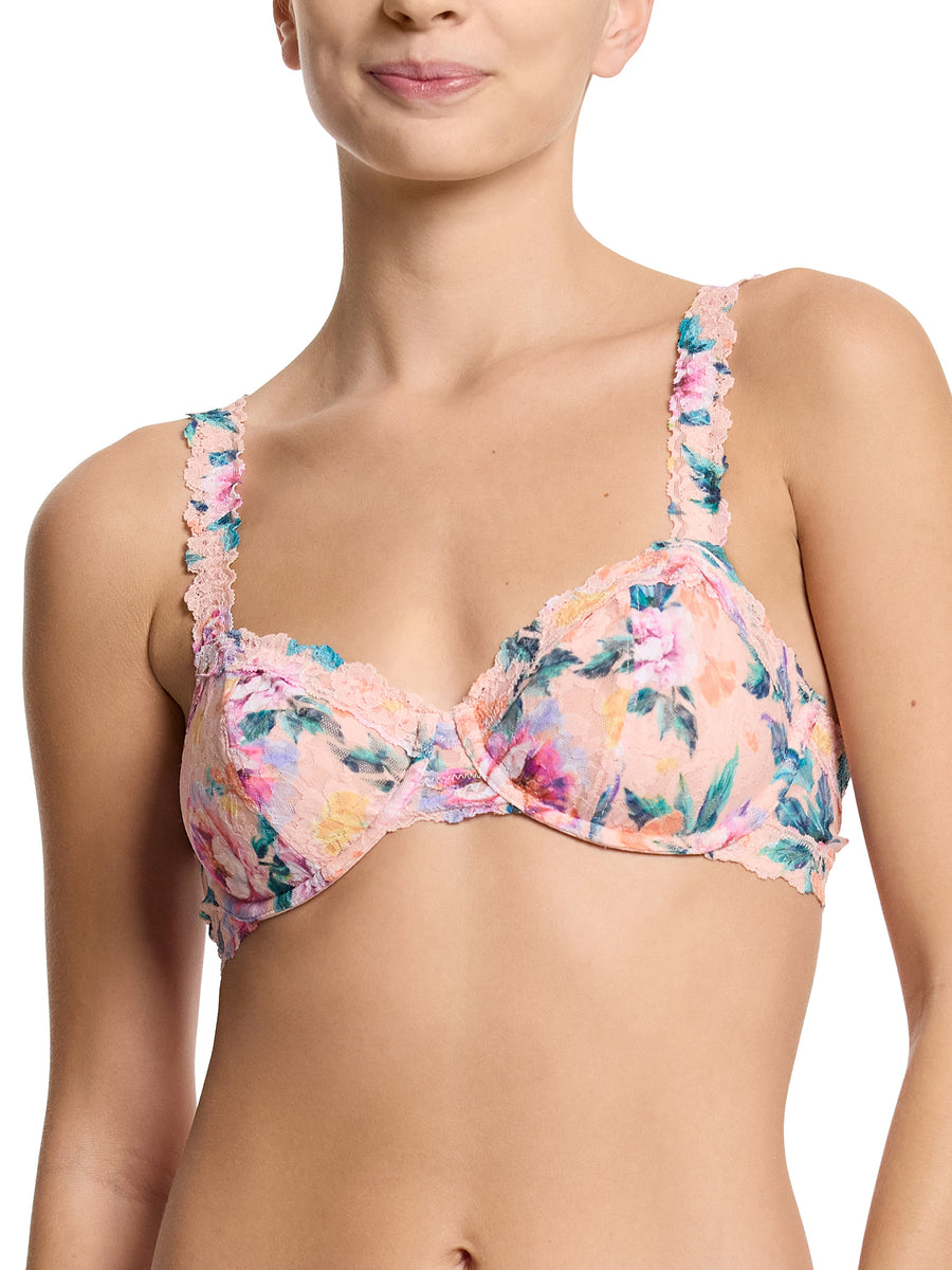 Pink Floral Printed Signature Lace® Balconette Bra - Close-Up Front Detail, Lace Trim & Underwire | Hanky Panky