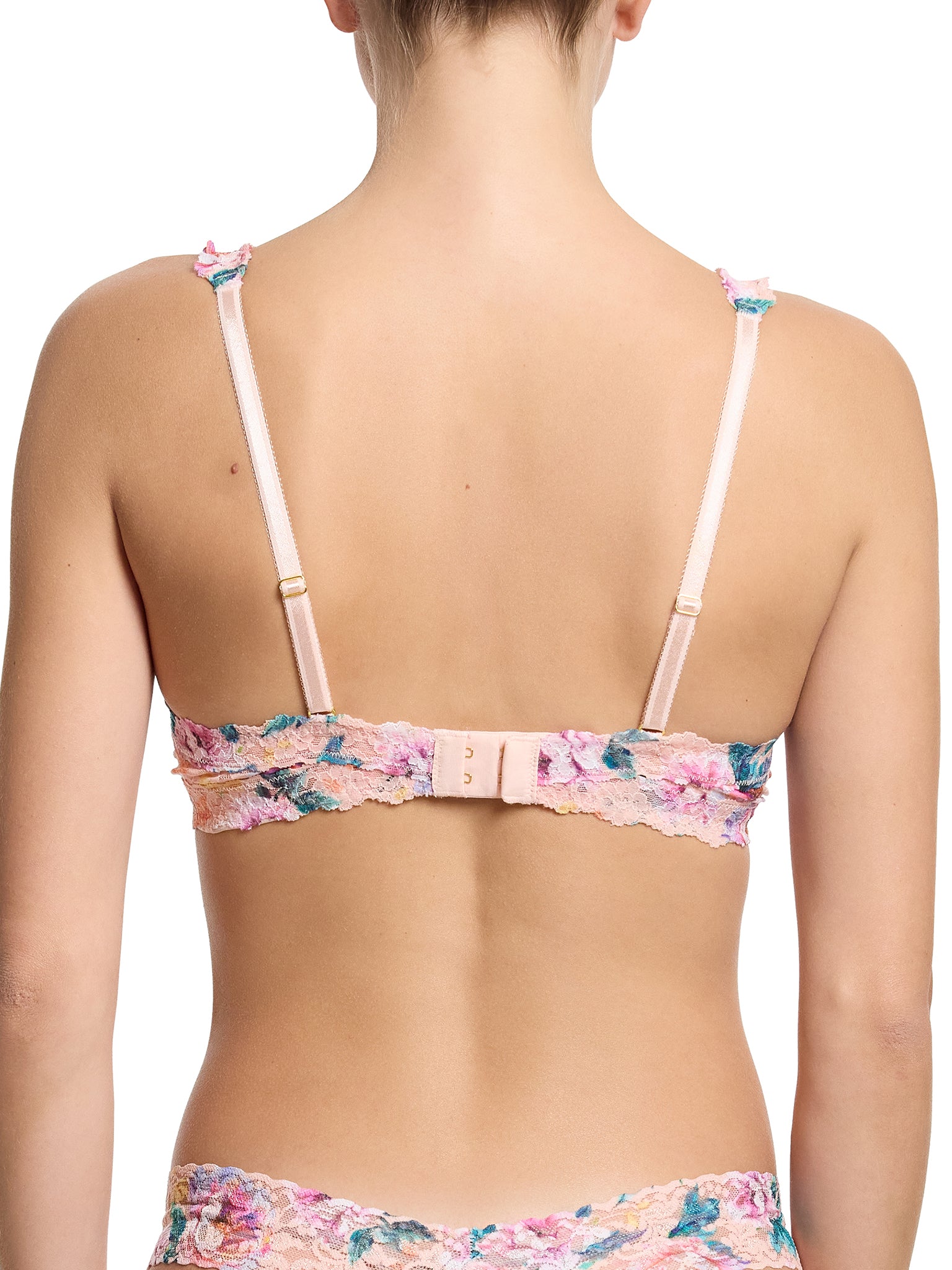 Pink Floral Printed Signature Lace® Balconette Bra - Back View, Hook Clasp & Adjustable Strap Detail | Hanky Panky