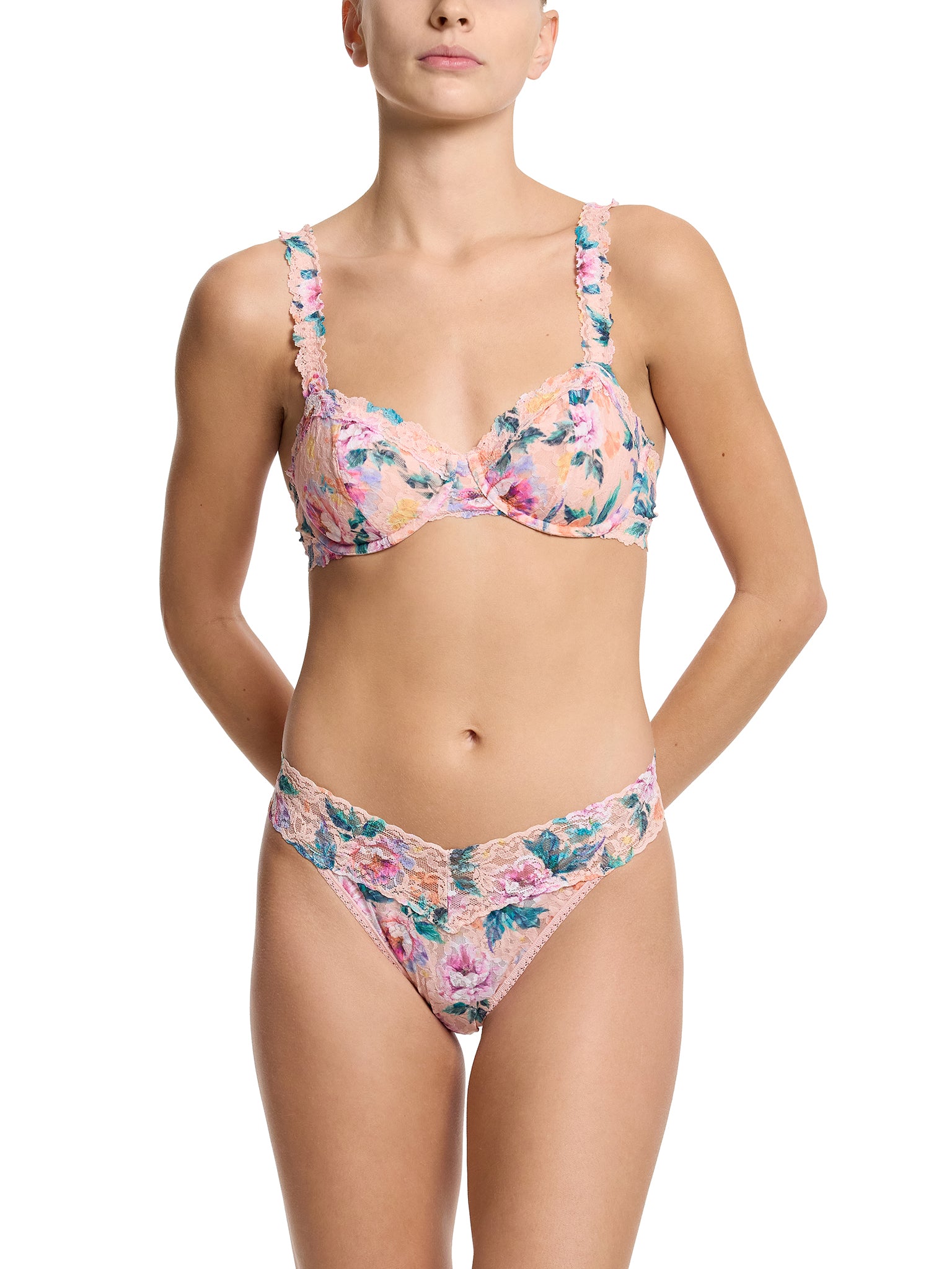 Pink Floral Printed Signature Lace® Balconette Bra - On Model Front View with Matching Lace Thong | Hanky Panky