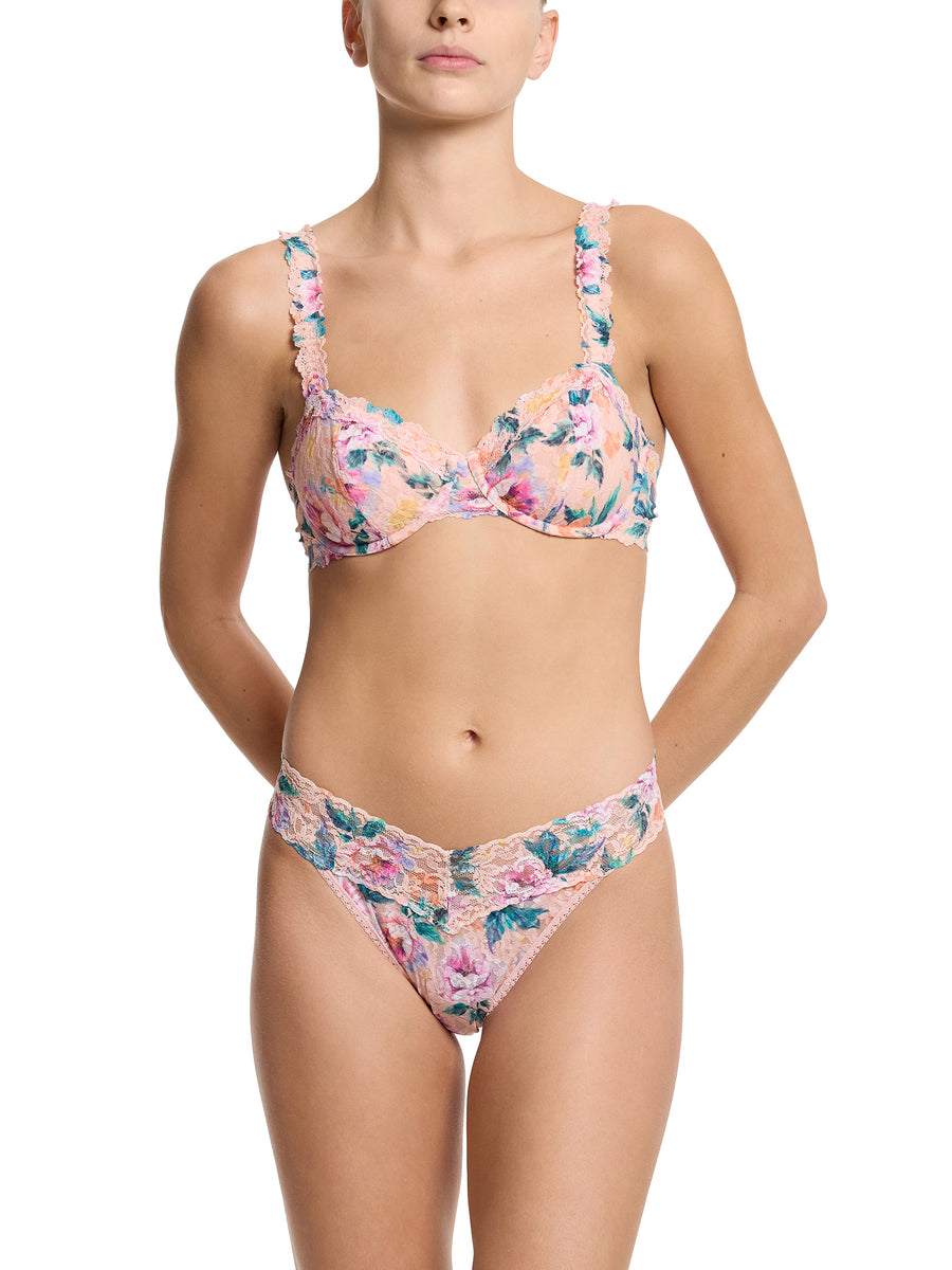 Pink Floral Printed Signature Lace® Balconette Bra - On Model Front View with Matching Lace Thong | Hanky Panky