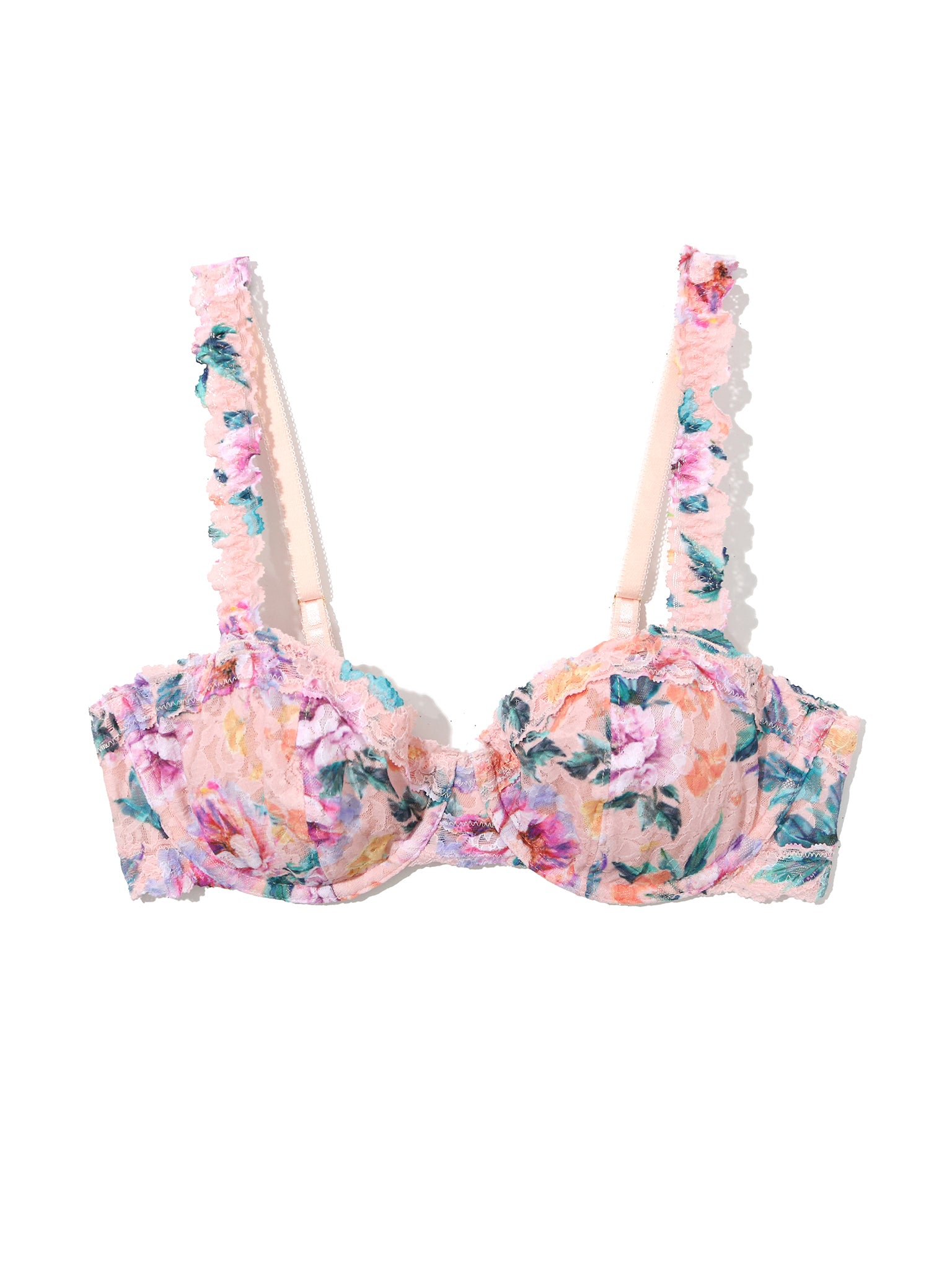 Pink Floral Printed Signature Lace® Balconette Bra - Flat Lay Product View, Colorful Lace Underwire Bra | Hanky Panky