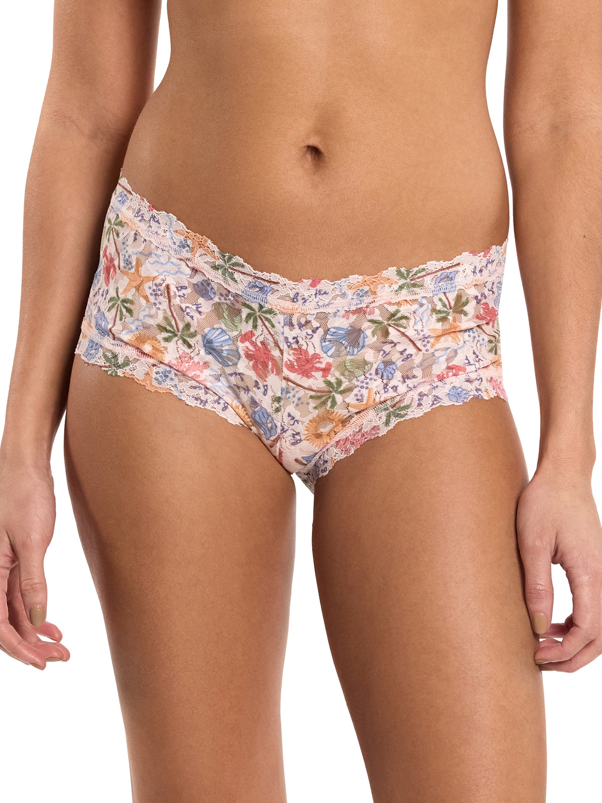 Printed Signature Lace® Boyshort By The Sea Beige - Front View On Model | Hanky Panky
