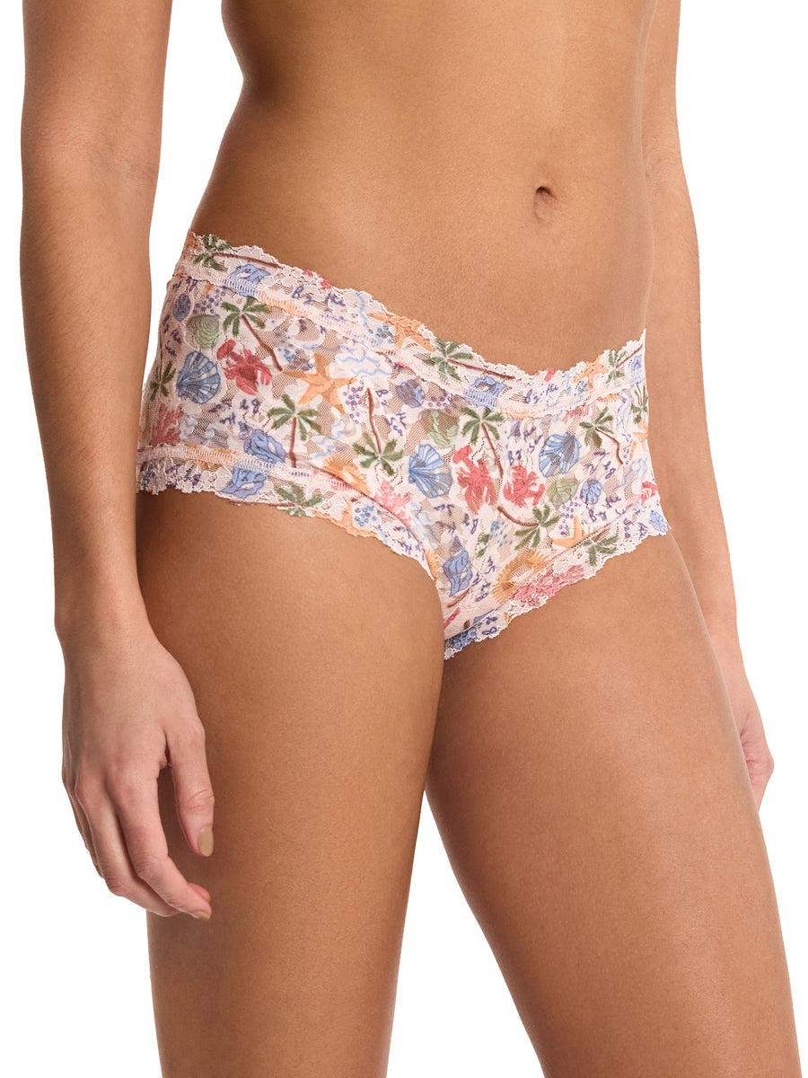 Printed Signature Lace® Boyshort By The Sea Beige - Front Side Angle On Model | Hanky Panky