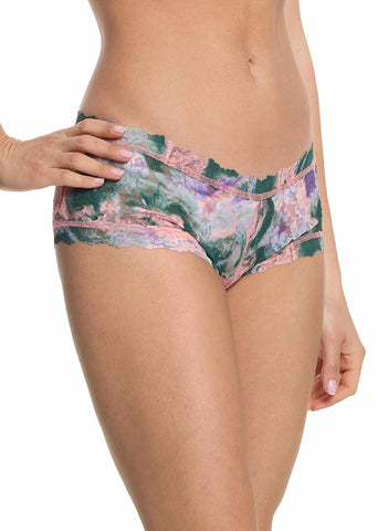 Printed Signature Lace® Boyshort Painter in green & pink floral print - Side On-Model | Hanky Panky