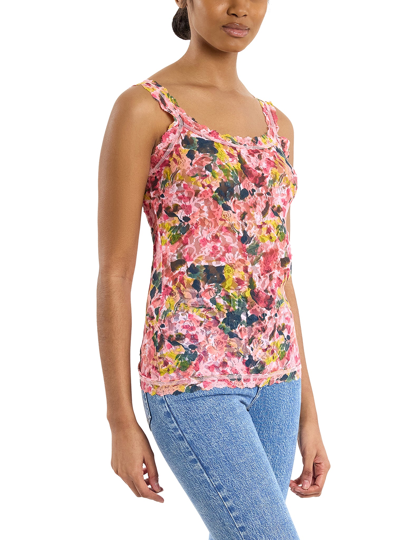Pink Floral Printed Signature Lace® Classic Cami Masterpiece - Side View On Model with Jeans | Hanky Panky