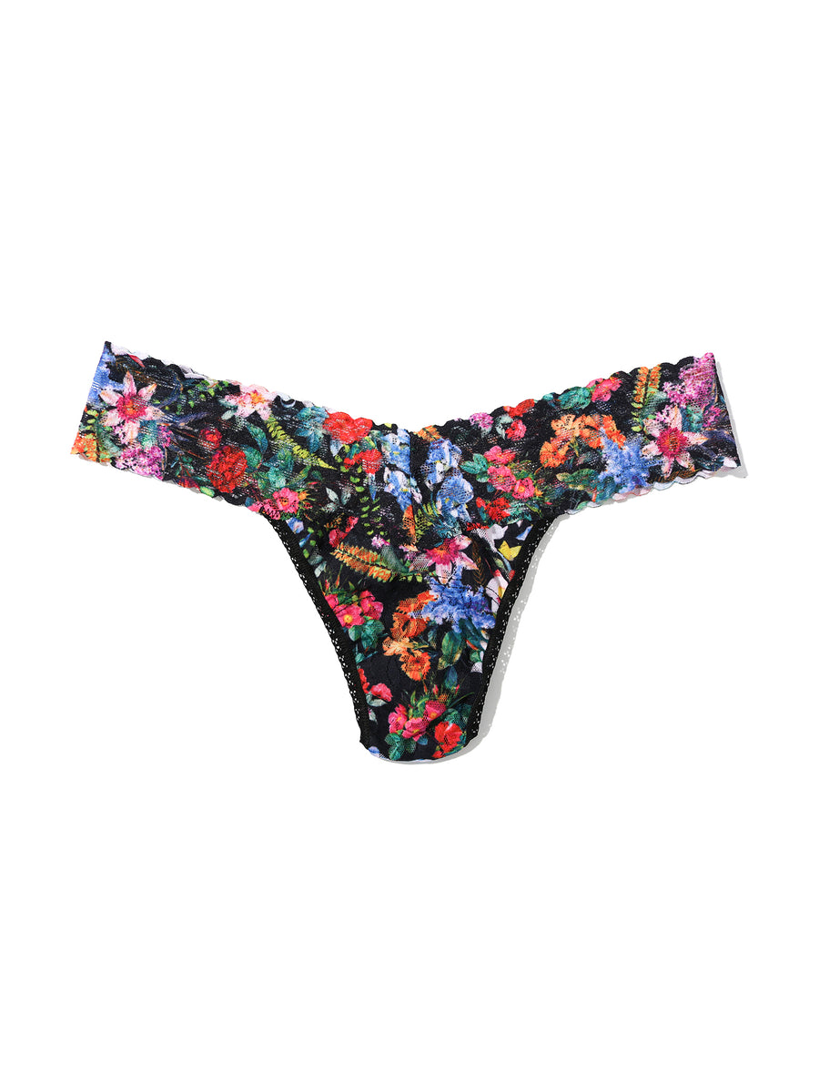 Printed Signature Lace® Low Rise Thong Hypnotic Black Floral Print - Flat Lay | Hanky Panky