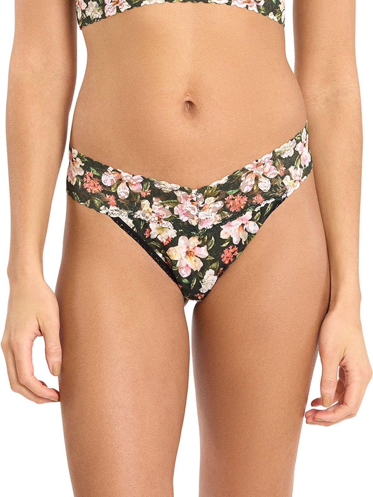 Printed Signature Lace® Original Rise Thong Dark Room Blooms - Front View On Model | Hanky Panky