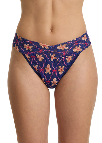 Navy Gingerbread Print Signature Lace® Original Rise Thong - Front View On Model | Hanky Panky