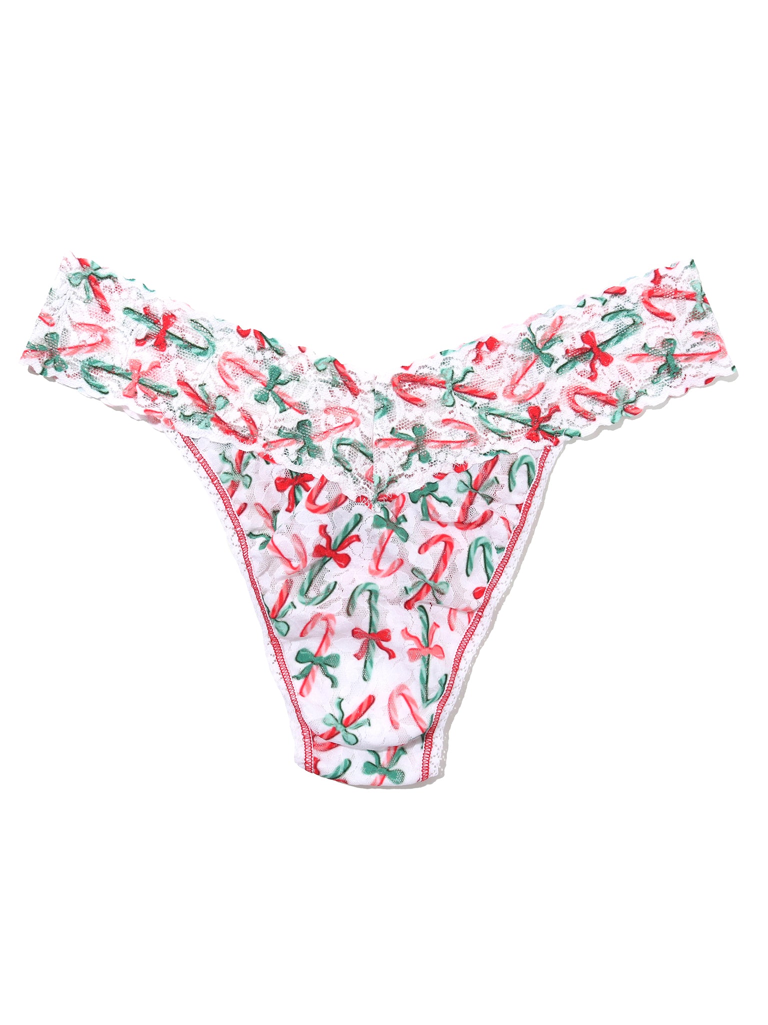 Bikini bottom with candy cane pattern on a white background