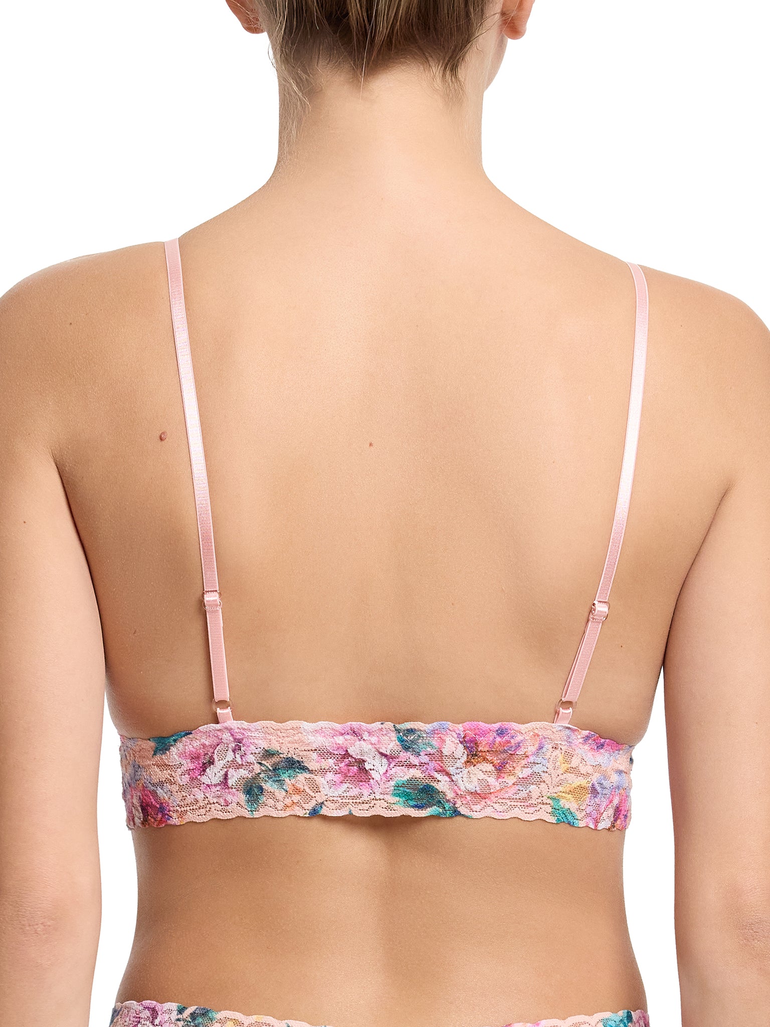 Pink Floral Printed Signature Lace® Padded Triangle Bralette - Back Adjustable Strap Detail On Model | Hanky Panky
