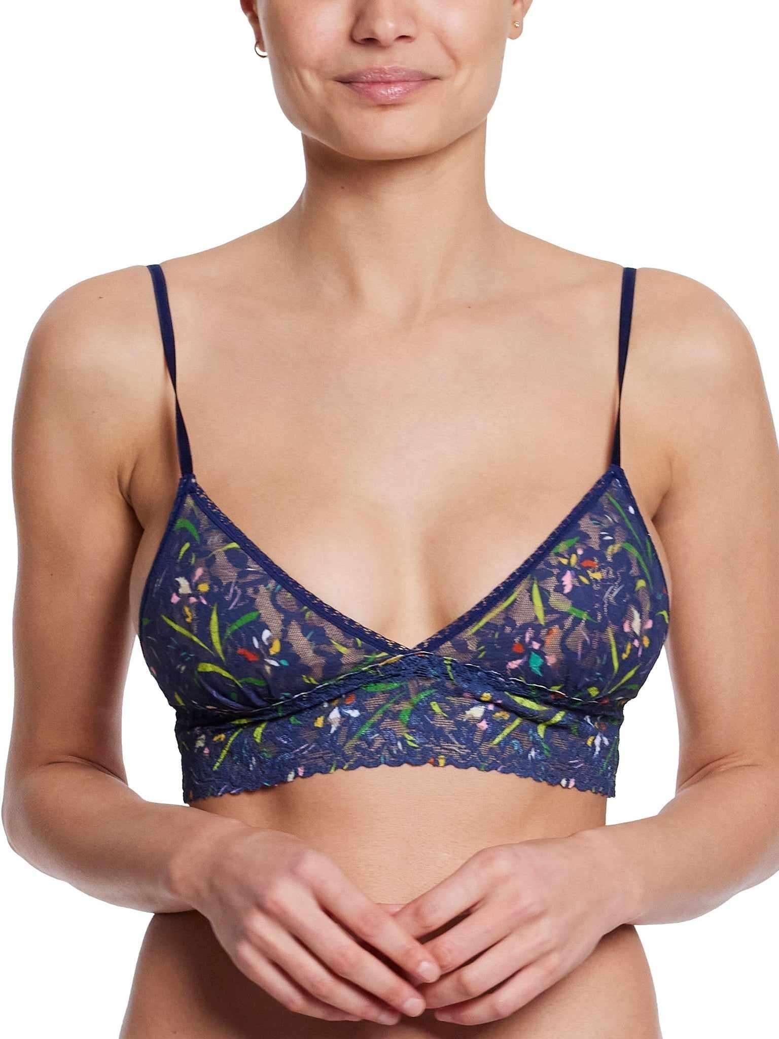 Navy Floral Print Signature Lace® Padded Triangle Bralette - Front On Model | Hanky Panky