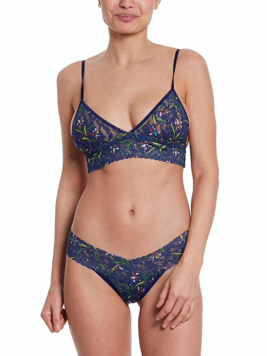 Navy Floral Lace Padded Triangle Bralette with Matching Lace Thong - Full Look On Model | Hanky Panky