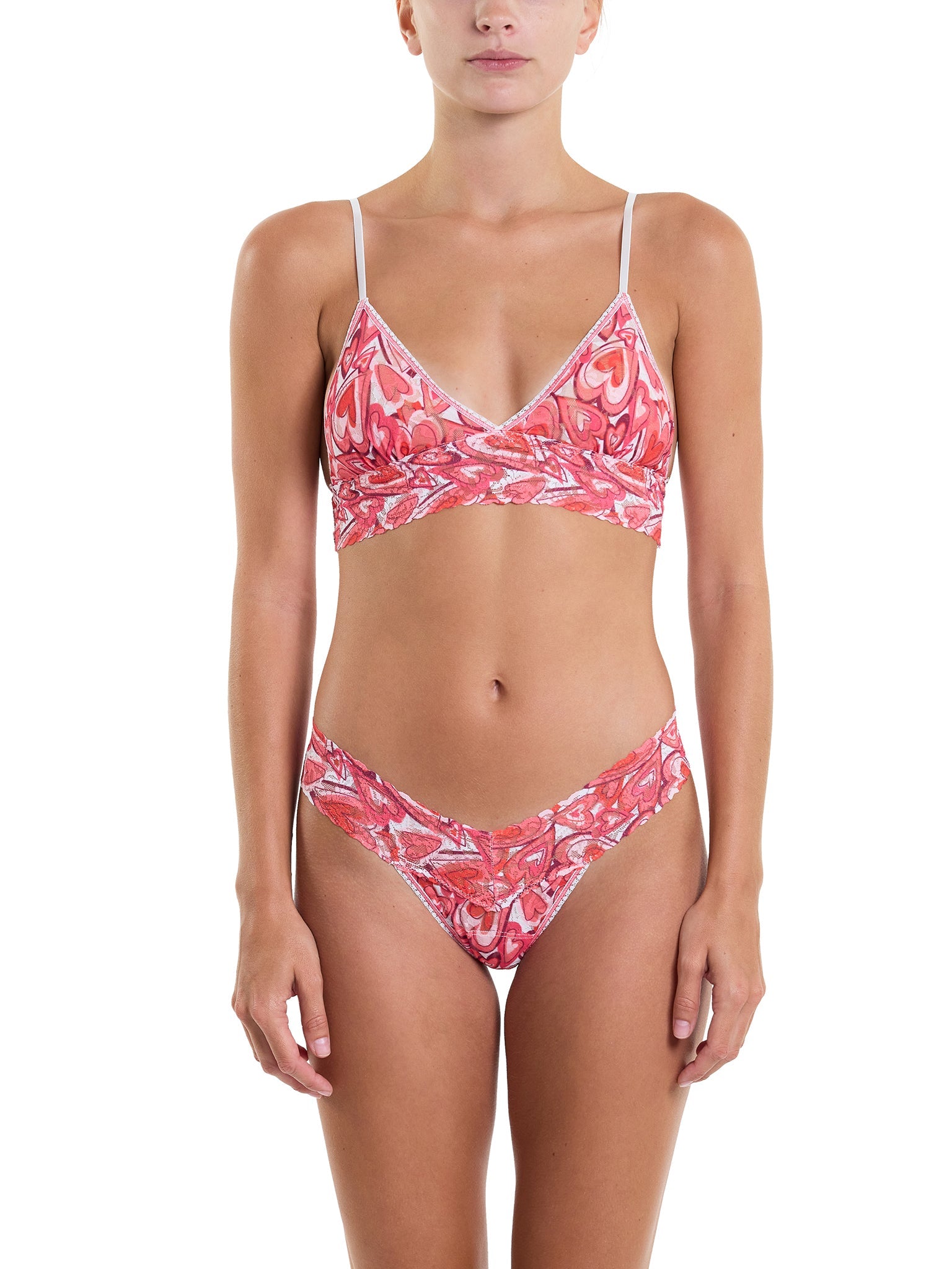 Lots Of Love Heart-Print Padded Triangle Bralette & Matching Lace Thong Set - Full Front View | Hanky Panky