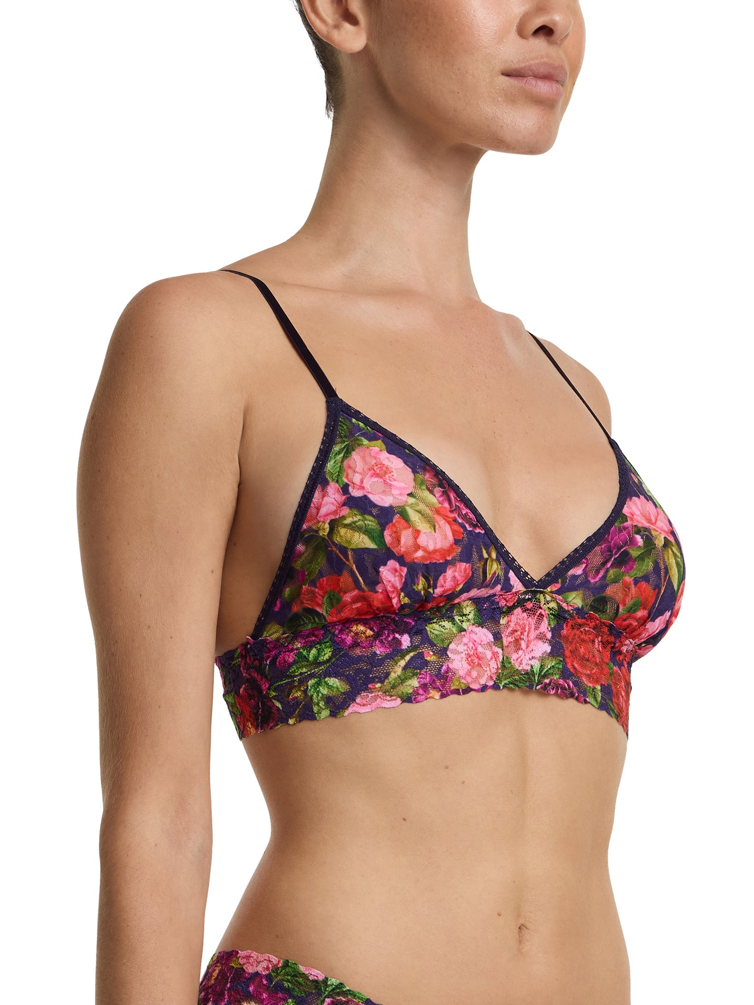 Winters Tale Floral Printed Lace Padded Triangle Bralette - Side Angle View, Strap Detail | Hanky Panky