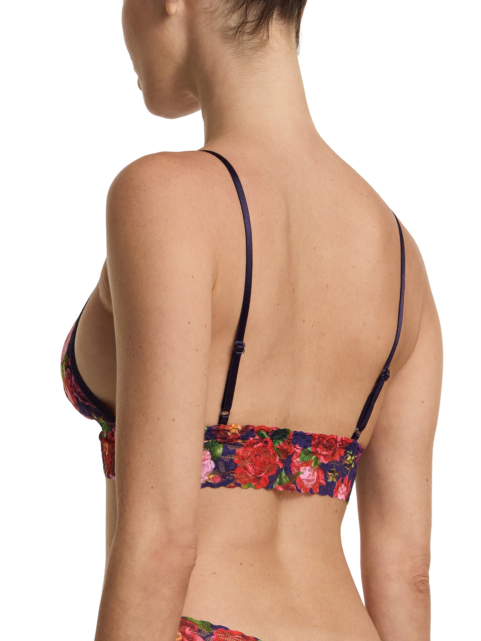 Winters Tale Floral Printed Lace Bralette - Back Detail, Adjustable Satin Straps On Model | Hanky Panky
