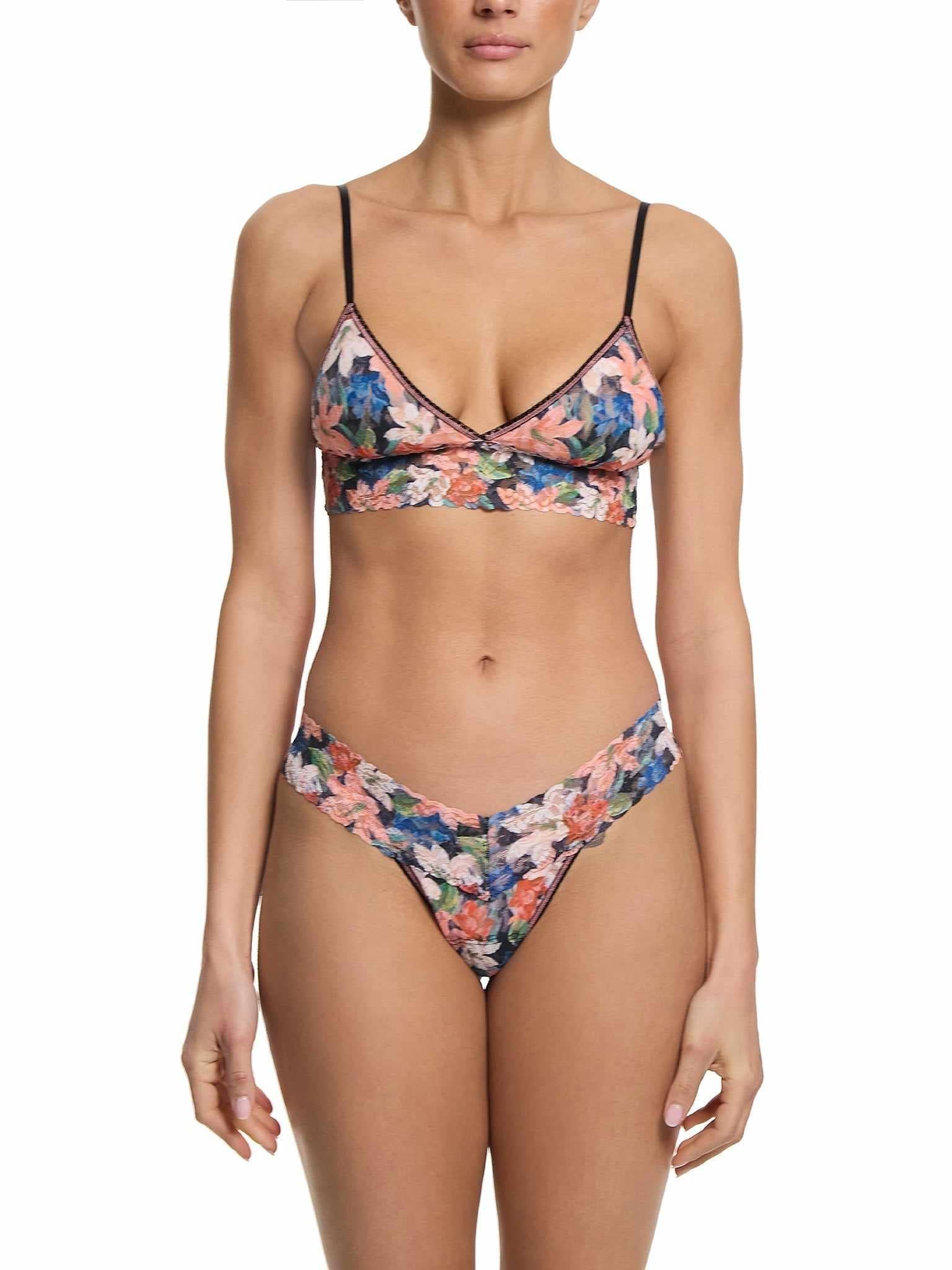 Floral Print Signature Lace® Padded Triangle Bralette Wonderous Black - Matching Lace Set, Front On-Model | Hanky Panky