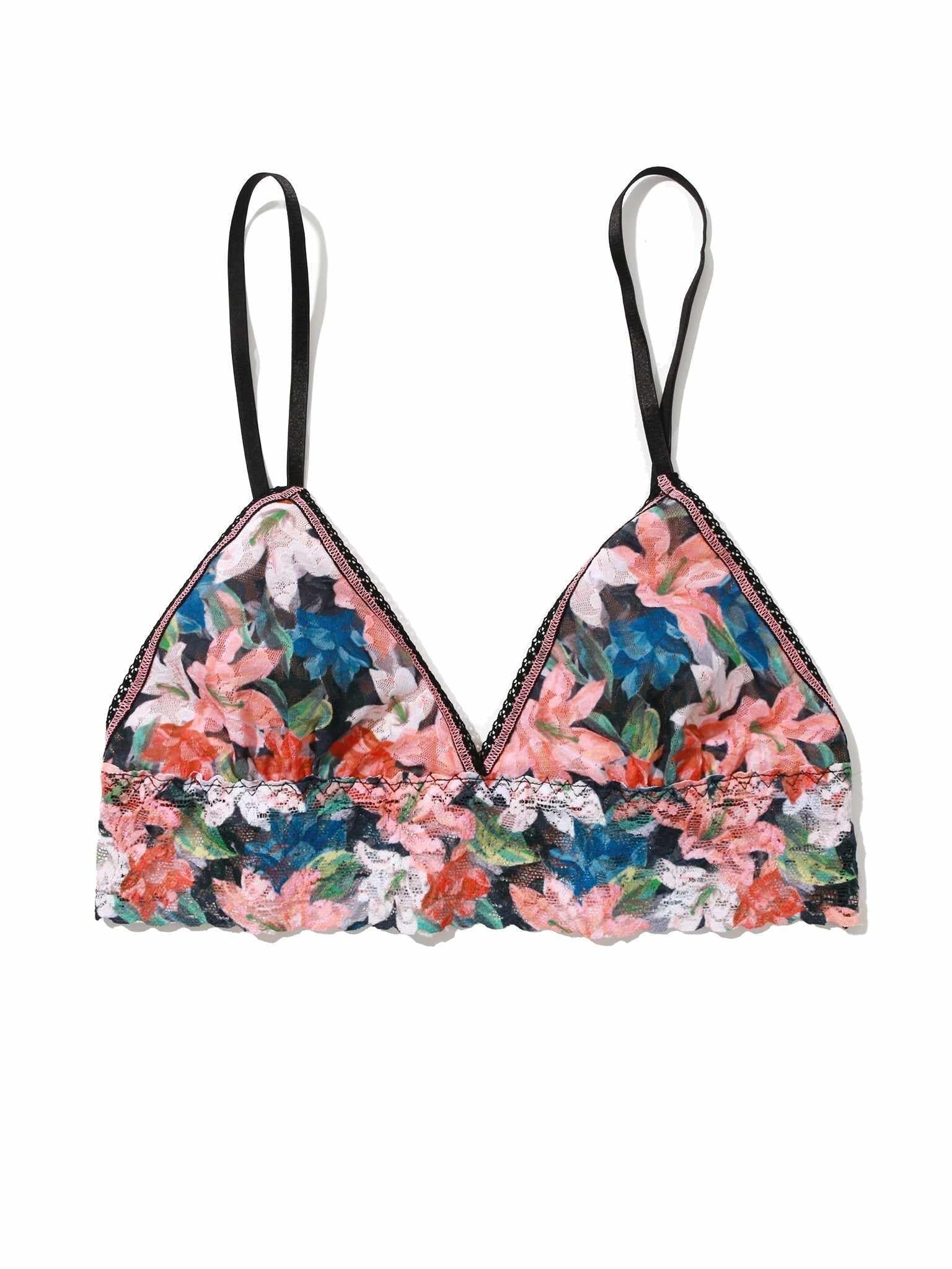 Floral Print Signature Lace® Padded Triangle Bralette Wonderous Black - Flat Lay, Scalloped Lace Hem Detail | Hanky Panky